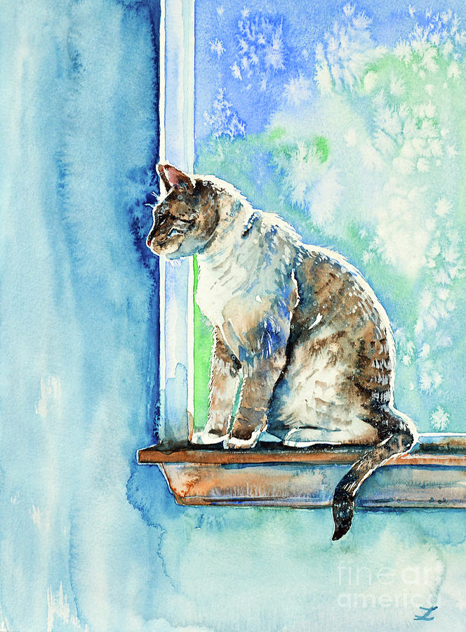 Cat on the Window Painting by Zaira Dzhaubaeva