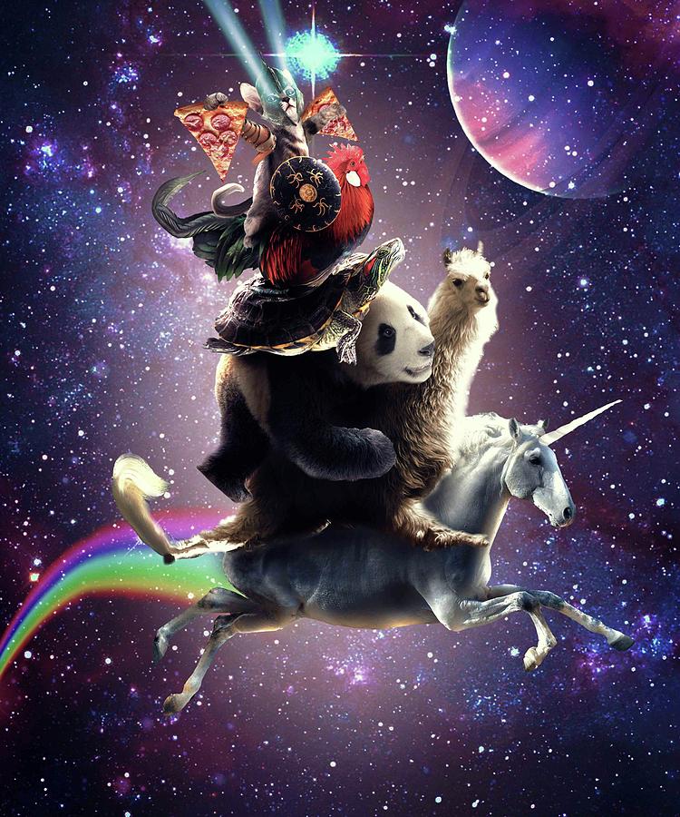 Laser Eyes Outer Space Cat Riding On Llama Unicorn #4 by Random Galaxy