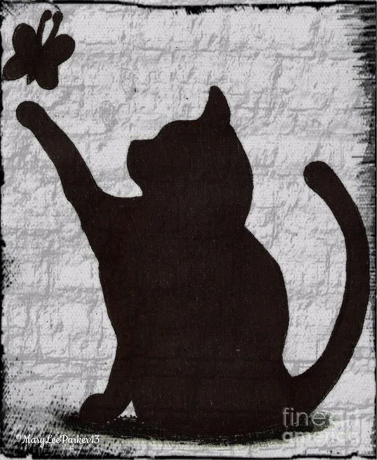 Cat  shadow  And Butterfly  Mixed Media by MaryLee Parker