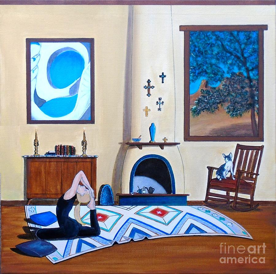 Cat Sitting in Chair Watching Woman Doing Yoga Painting by John Lyes