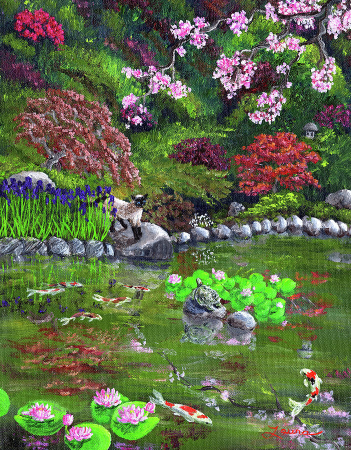 Cat Turtle and Water Lilies Painting by Laura Iverson