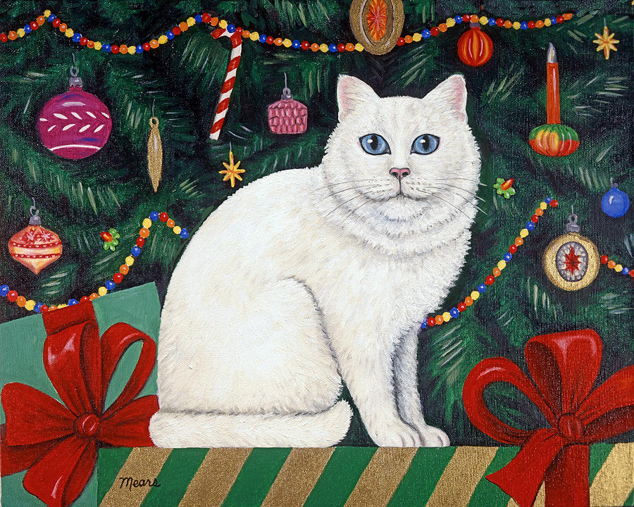 Cat Painting - Cat Under the Christmas Tree by Linda Mears