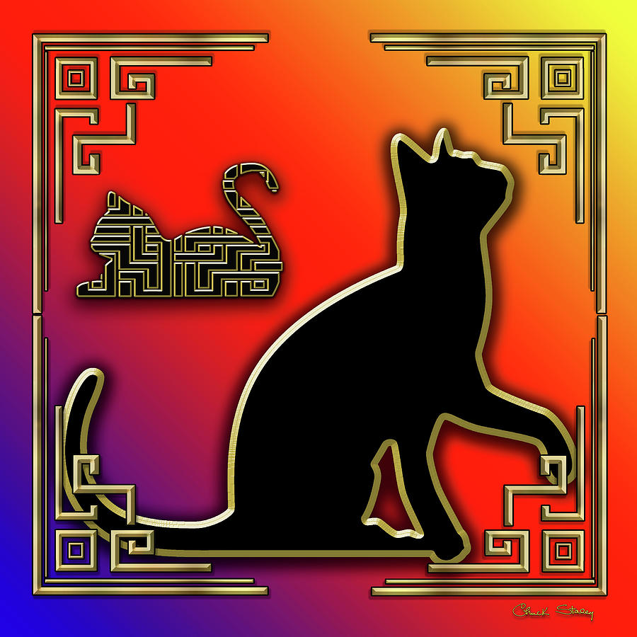 Cat with Art Deco Border Digital Art by Chuck Staley