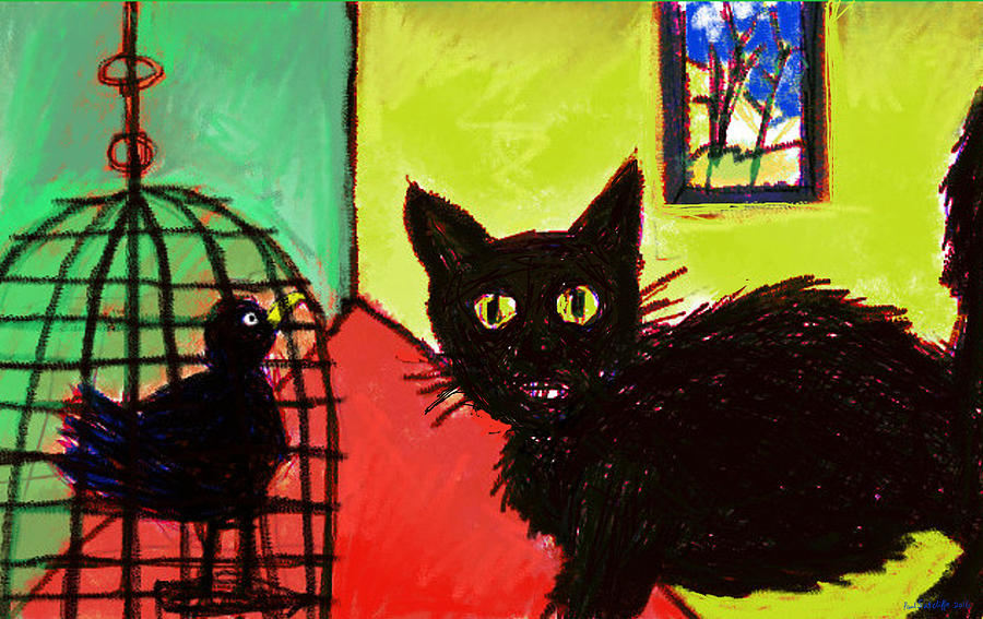 Primary Colors Digital Art - Cat with Bird  by Paul Sutcliffe