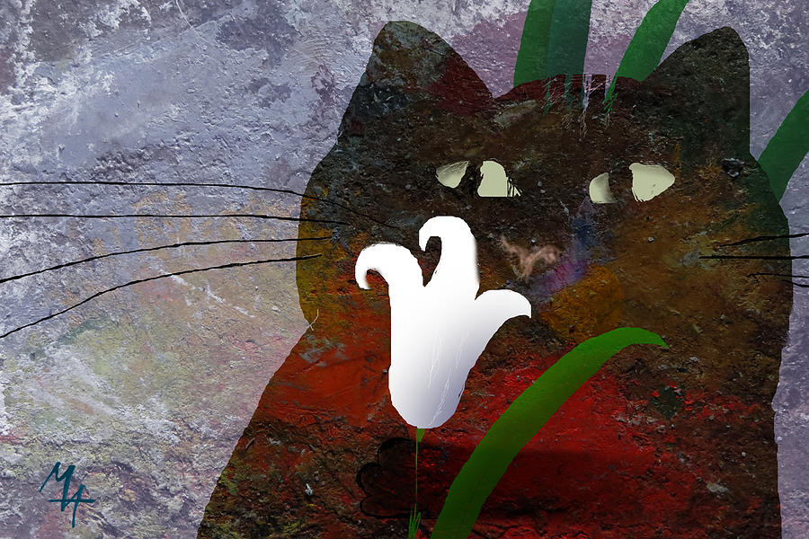 Cat with Lily Painting by Attila Meszlenyi