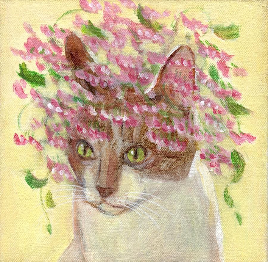 Cat with Pink Flowers Painting by Kazumi Whitemoon