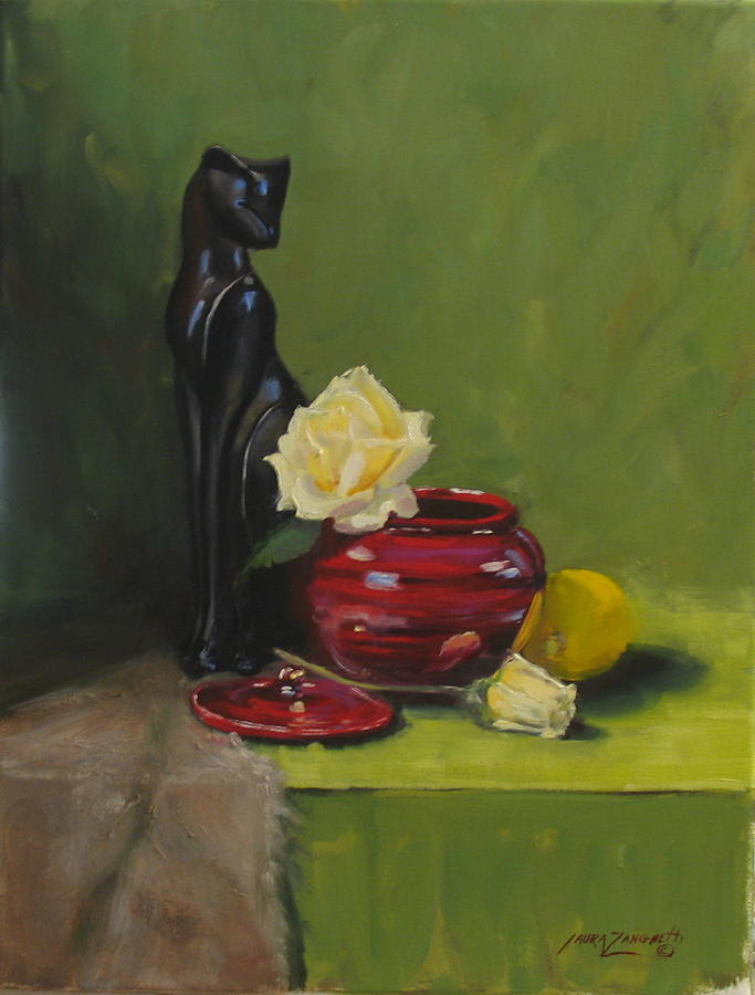 Cat with Rose Painting by Laura Lee Zanghetti