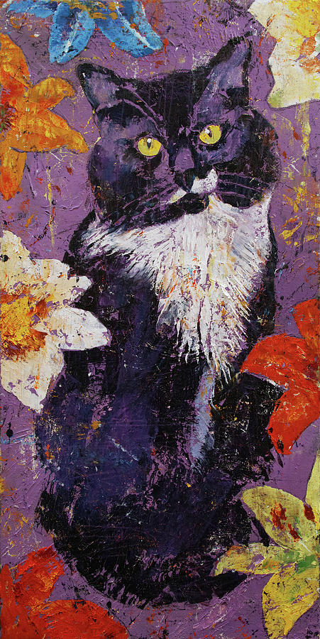 Cat with Tiger Lilies Painting by Michael Creese