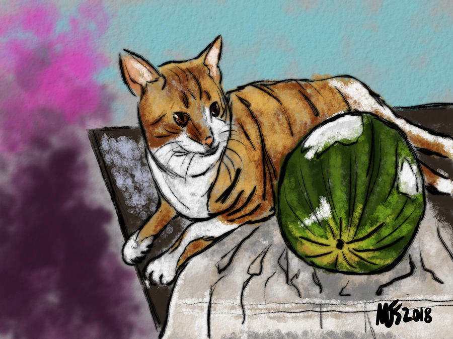 Cat With Watermelon  Digital Art by Michael Kallstrom