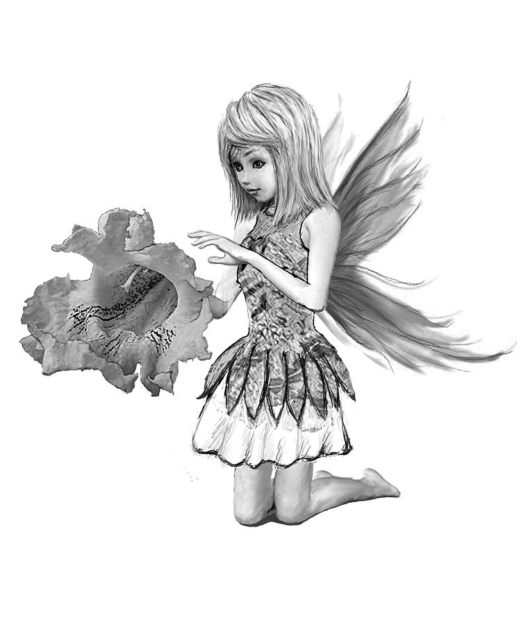 Catalpa Tree Fairy with Flower B And W Digital Art by Yuichi Tanabe