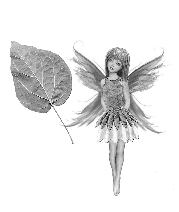 Catalpa Tree Fairy with Leaf B And W Digital Art by Yuichi Tanabe