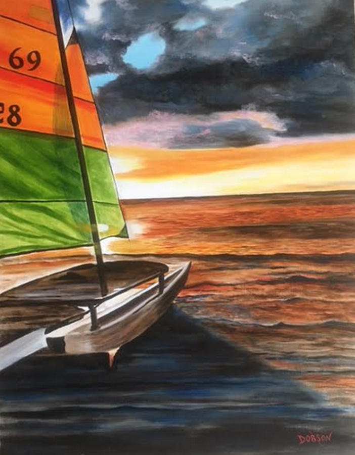 Catamaran At Sunset Painting by Lloyd Dobson