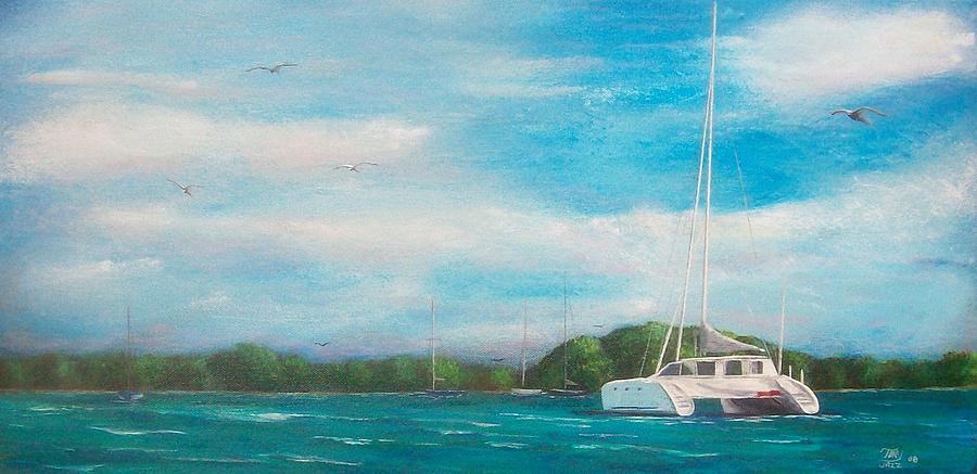 Catamaran in Salinas Harbor Painting by Tony Rodriguez