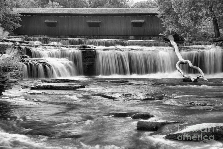 Cataract Covered Bridge Above The Falls Black And White Photograph by Adam Jewell