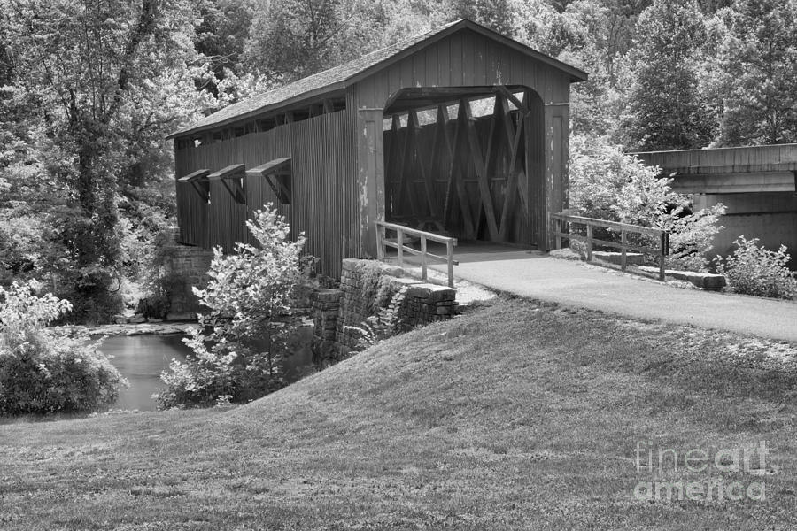 Cataract Falls Covered Bridge Landscape Black And White Photograph by Adam Jewell