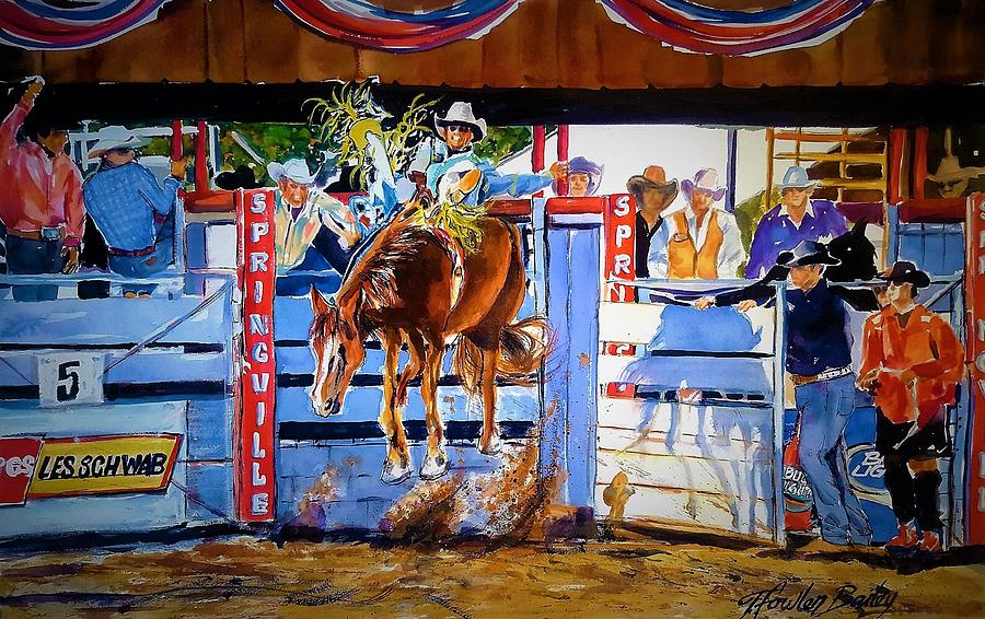 Bucking Bronco Painting - Catching Air At Springville Rodeo by Therese Fowler-Bailey Bucking Bronco Painting - Catching Air At Springville Rodeo by Therese Fowler-Bailey