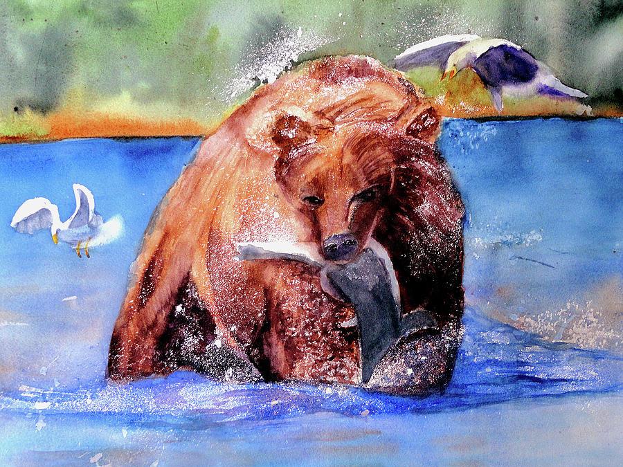 Kodiak Bear Painting - Catching Dinner by Lynne Atwood Kodiak Bear Painting - Catching Dinner by Lynne Atwood
