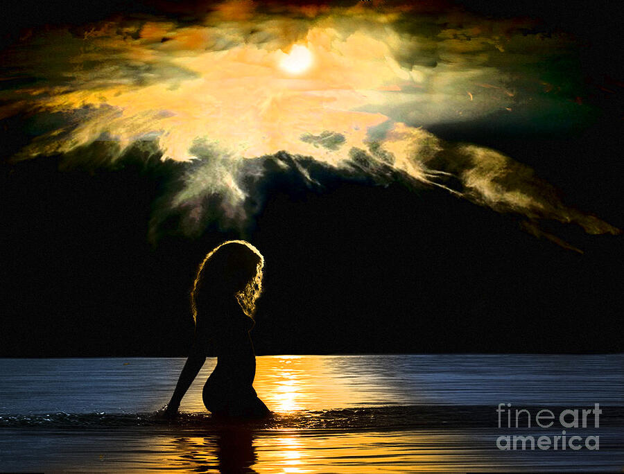 Naked Woman on the Beach. Woman contemplating the suns rays in the water Digital Art by Landscape