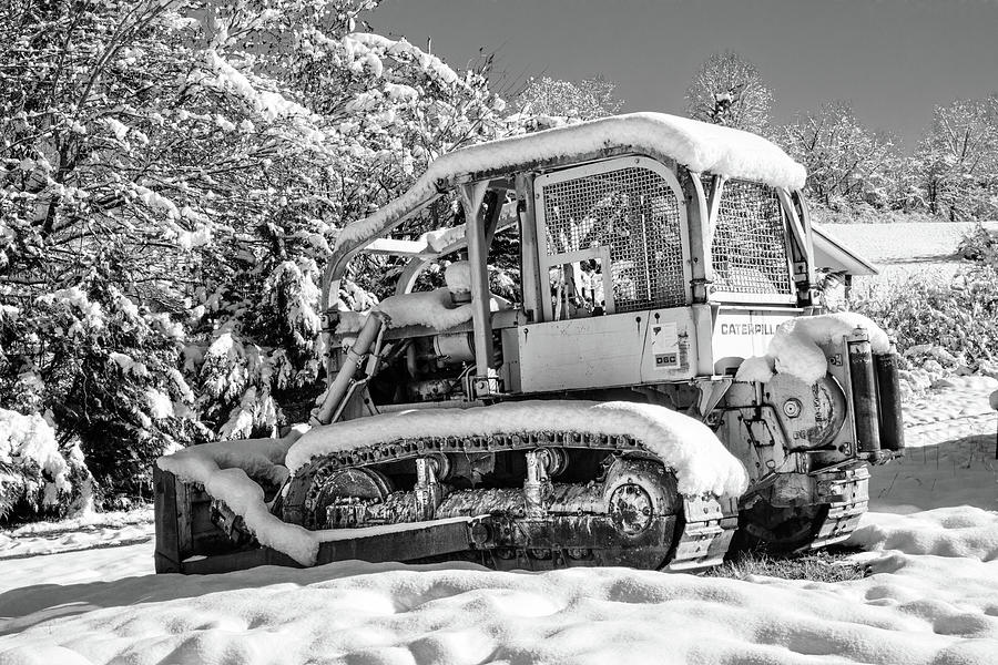 Barn Photograph - Caterpillar in the Snow Black and White by Debra and Dave Vanderlaan