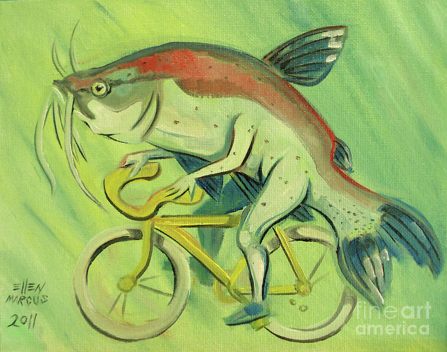 Catfish Painting - Catfish On A Bicycle by Ellen Marcus