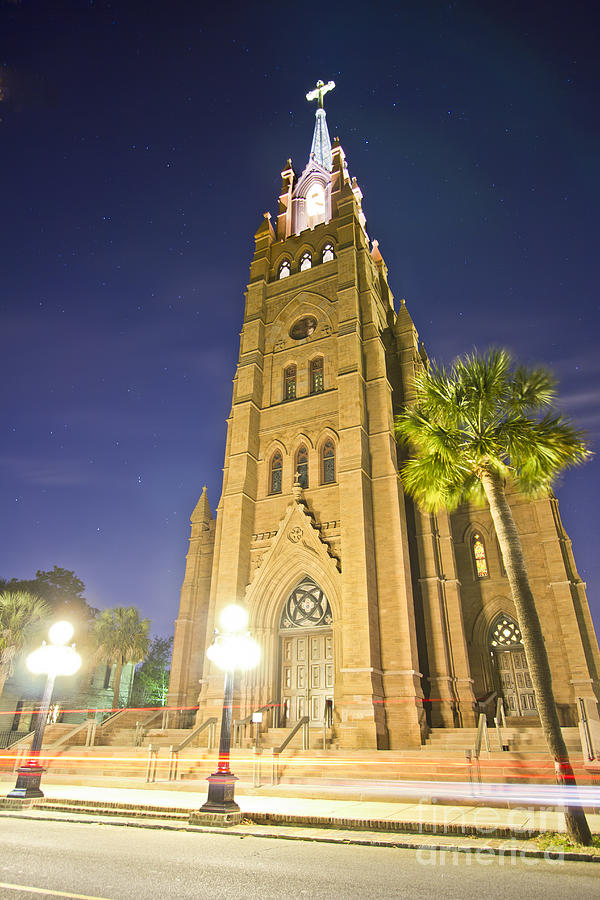 Cathedra Photograph - Cathedral of Saint John the Baptist Charleston SC at Night by Dustin K Ryan