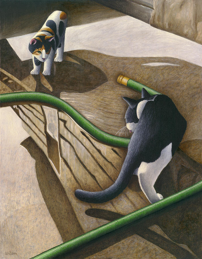 Cat Painting - Cats and Garden Hose by Carol Wilson