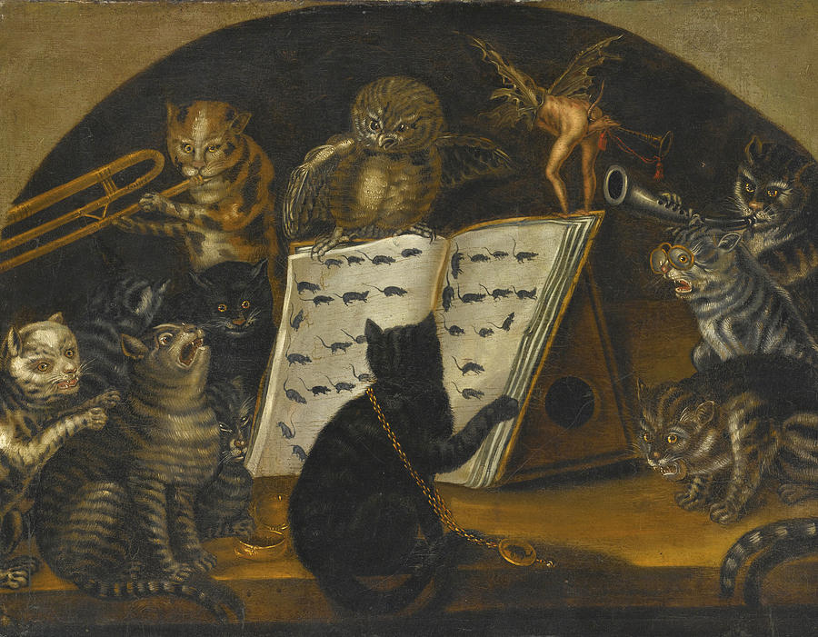 Cat Painting - Cats being instructed in the Art of Mouse-Catching by an Owl by Lombard School