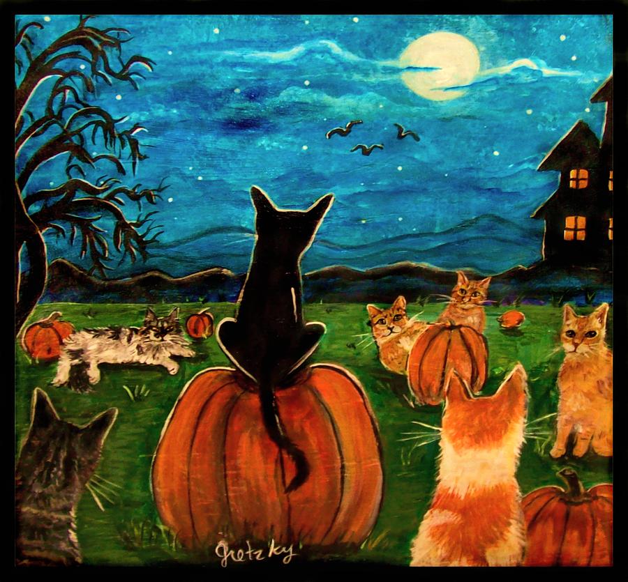 Cats in pumpkin patch Painting by Paintings by Gretzky