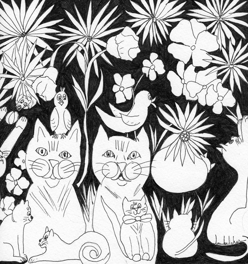 Cats in the Garden Drawing by Lou Belcher