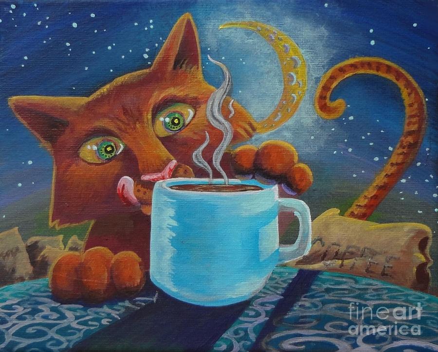 Cat's Moon Cat-fe Coffee Painting by Karin Hoffman