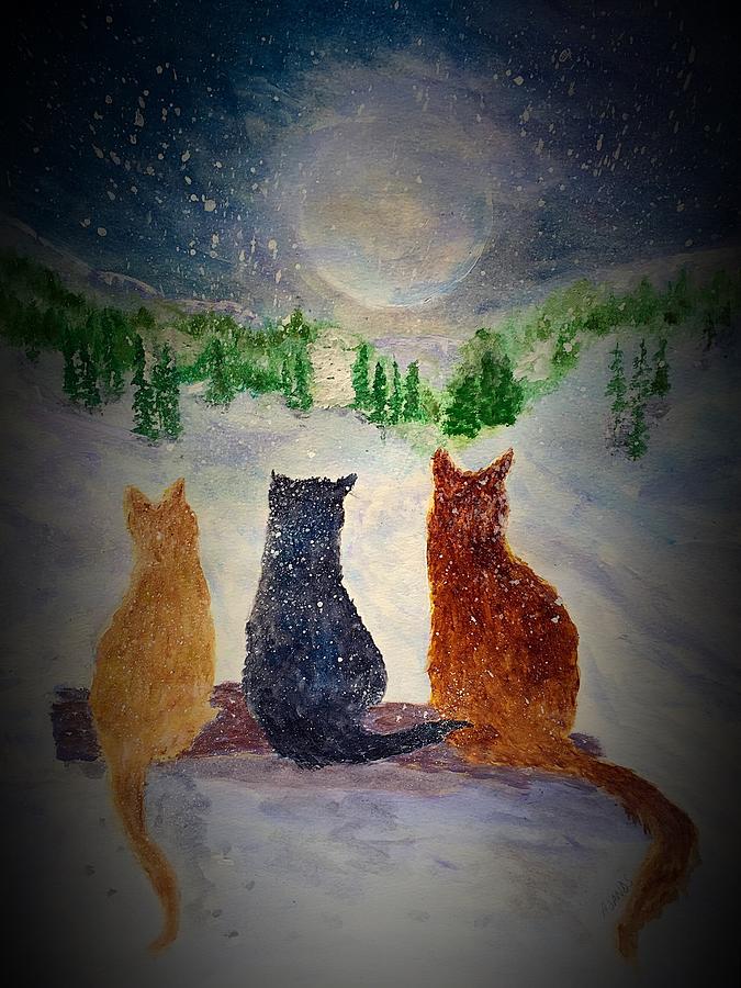 Cats on a Snowy Night Painting by Anne Sands
