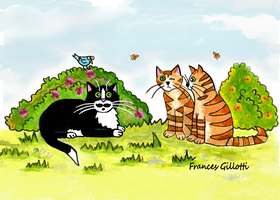Funny Cats Painting - Cats Talking In A Sunny Garden by Frances Gillotti
