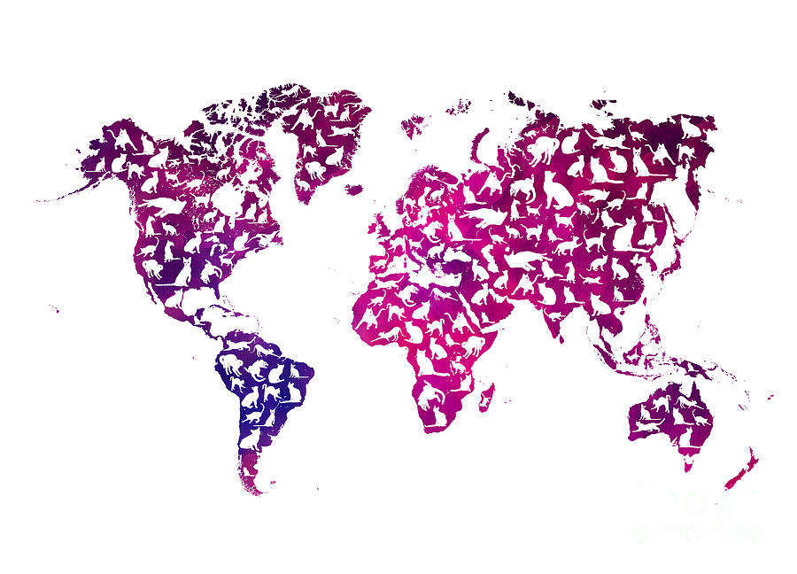 Cats world map purple Digital Art by Justyna Jaszke JBJart