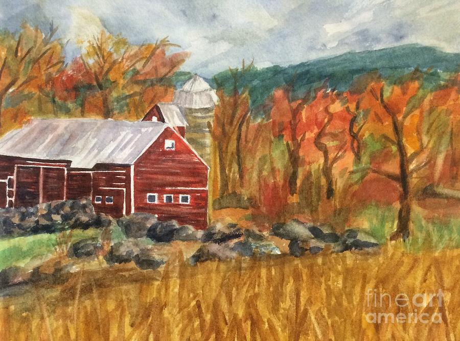 Catskill Farm and Mountains Cropped Painting by Ellen Levinson