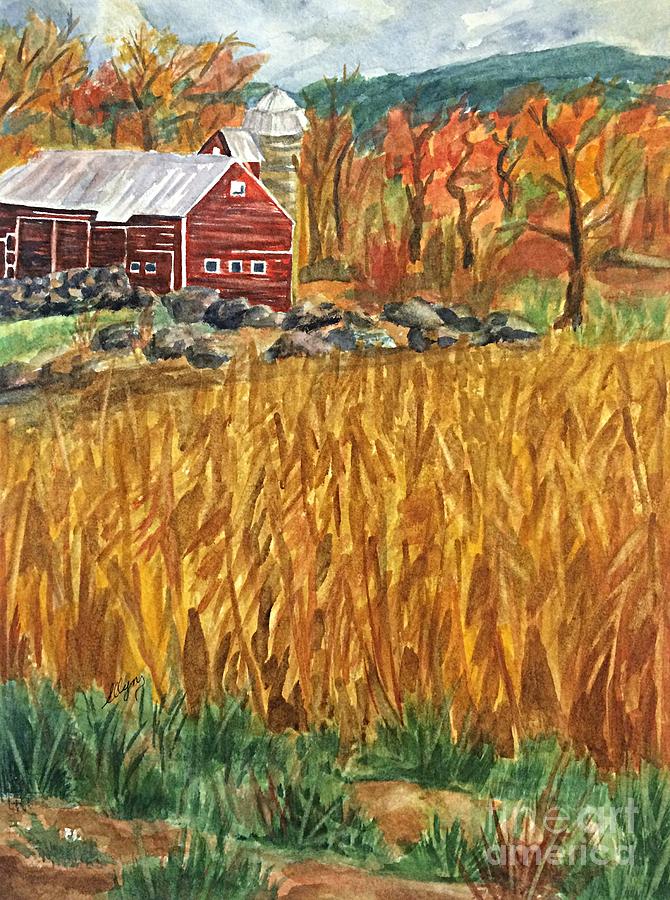 Red Barn And Cornfields Catskills Autumn Painting by Ellen Levinson