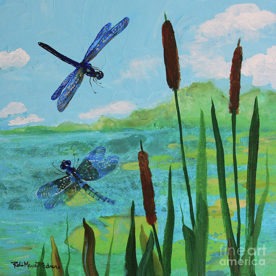 Cattails and Dragonflies Painting by Robin Pedrero