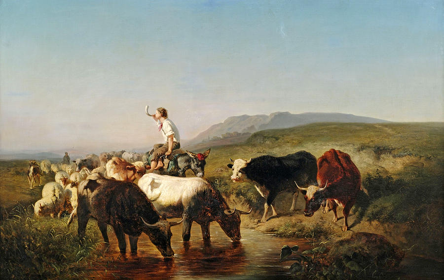 Cattle and flock of sheeps with a donkey riding shepherd boy in a wide landscape Painting by Adolf Schreyer