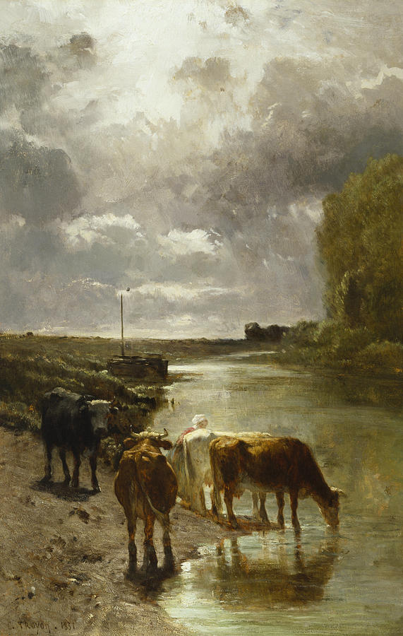 Cattle Drinking Painting by Constant Troyon