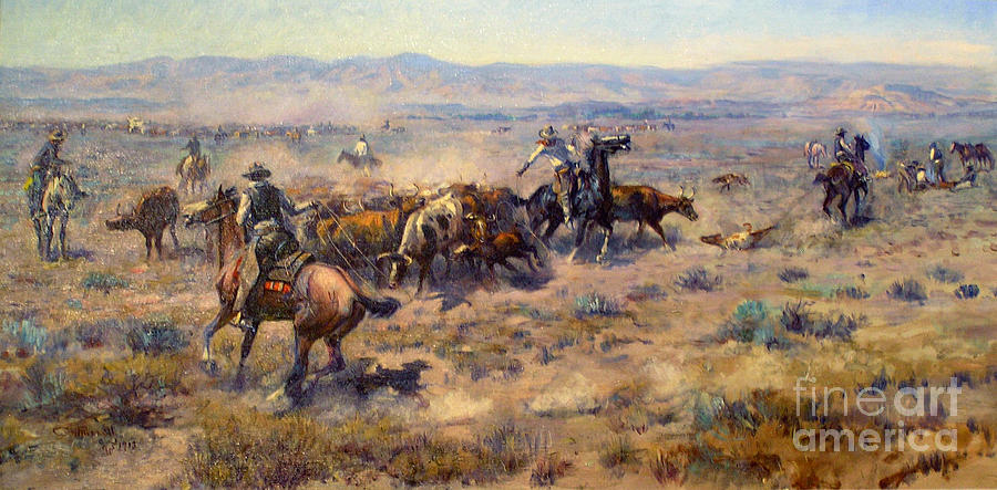 Cattle Roundup Painting by Charles M Russell