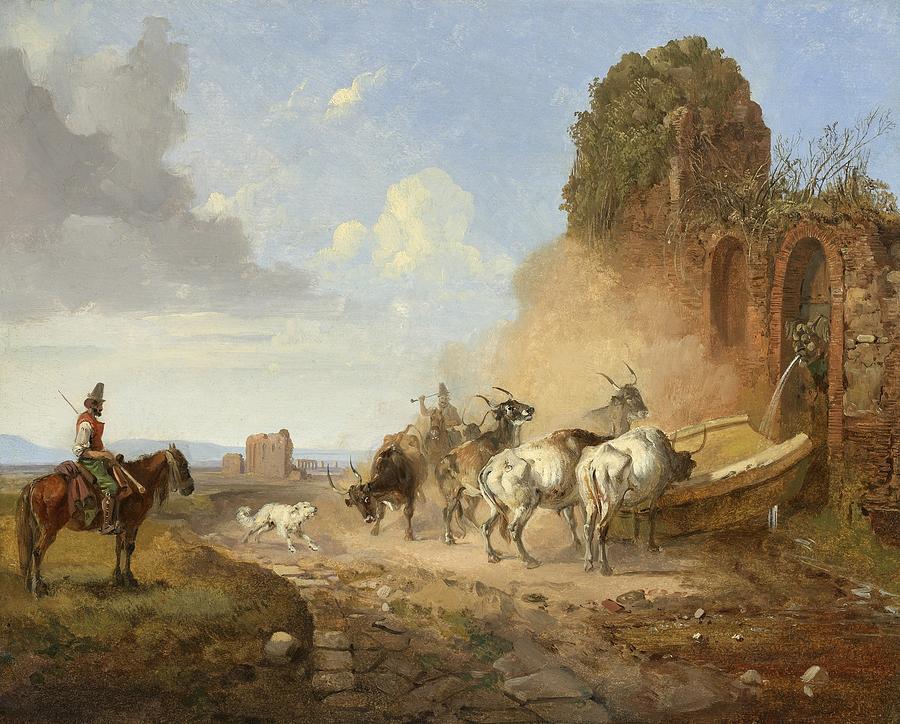 Cattle Watering at a Fountain on the Via Appia Antiqua Painting by Celestial Images