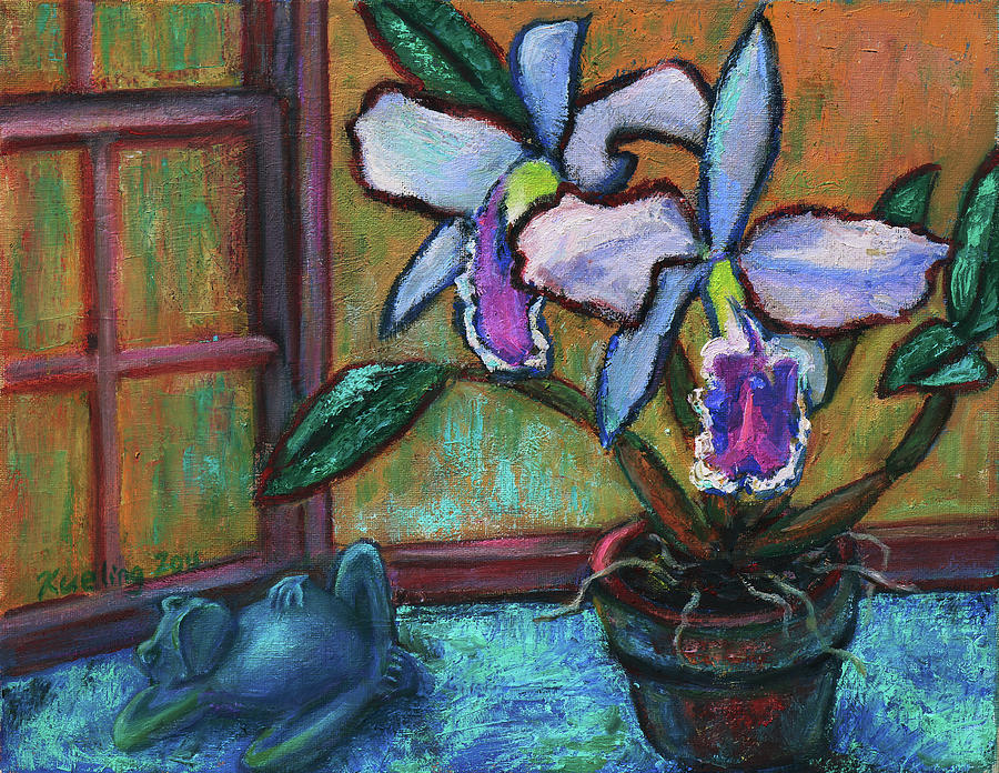 Cattleya Orchid and Frog by the Window Painting by Xueling Zou