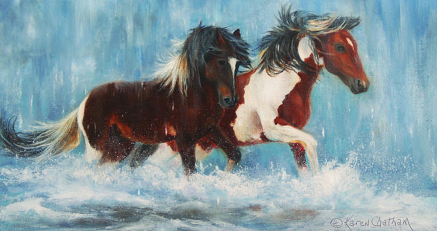 Horse Painting - Caught In The Rain  close up by Karen Kennedy Chatham