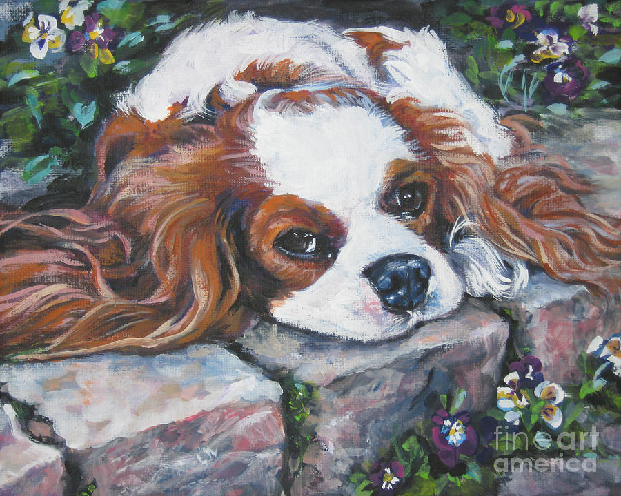 Dog Painting - Cavalier King Charles Spaniel in the pansies  by Lee Ann Shepard