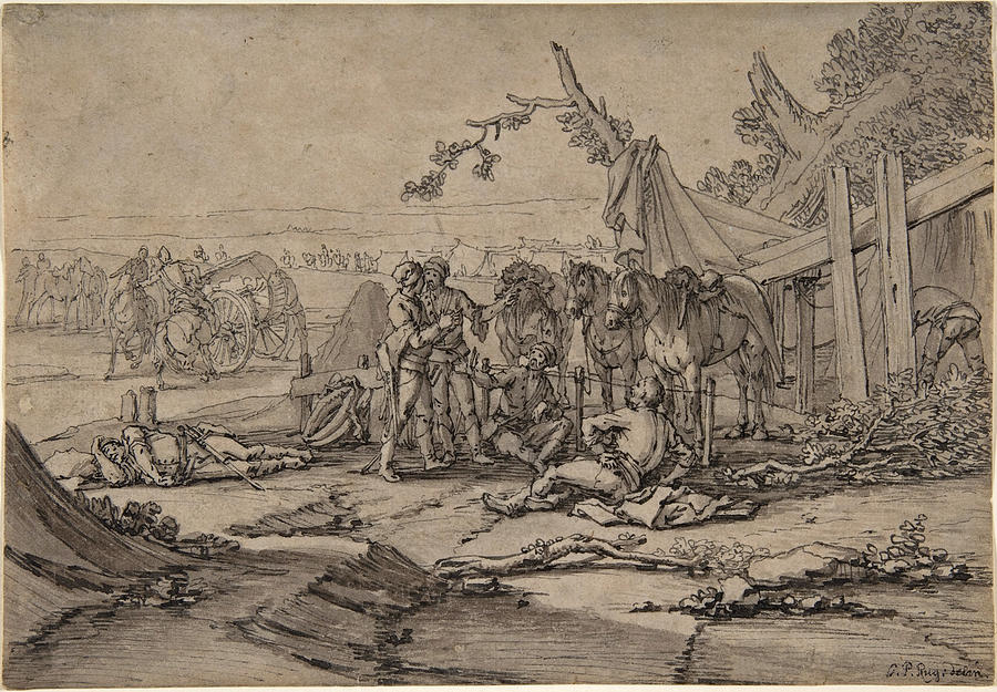 Cavalry Men at Rest Drawing by Georg Philipp Rugendas