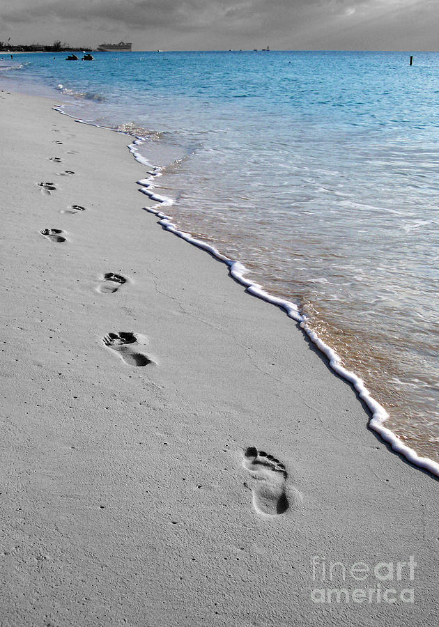 Cayman Footprints Color Splash Black and White Digital Art by Shawn OBrien