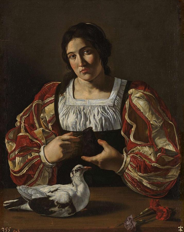 Cecco del Caravaggio - Woman with a Dove 1610-20 Painting by Cecco del ...