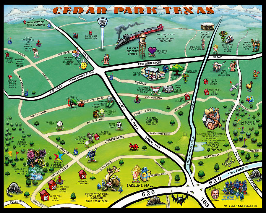 Cedar Park Texas Cartoon Map Digital Art by Kevin Middleton