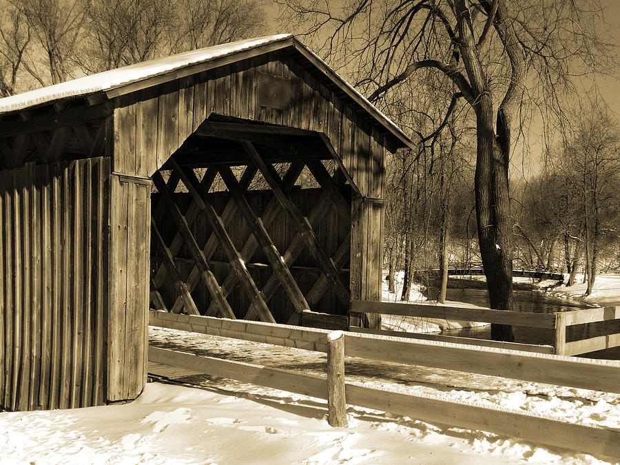 Cedarburg Covered Bridge in Winter Sepia Photograph by David T Wilkinson