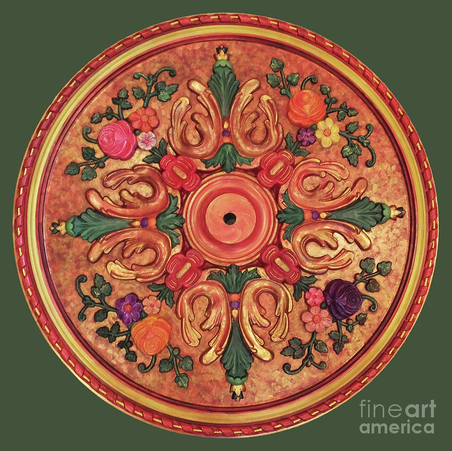 Ceiling Medallion Red and Gold 32 Inch Relief by Lizi Beard-Ward