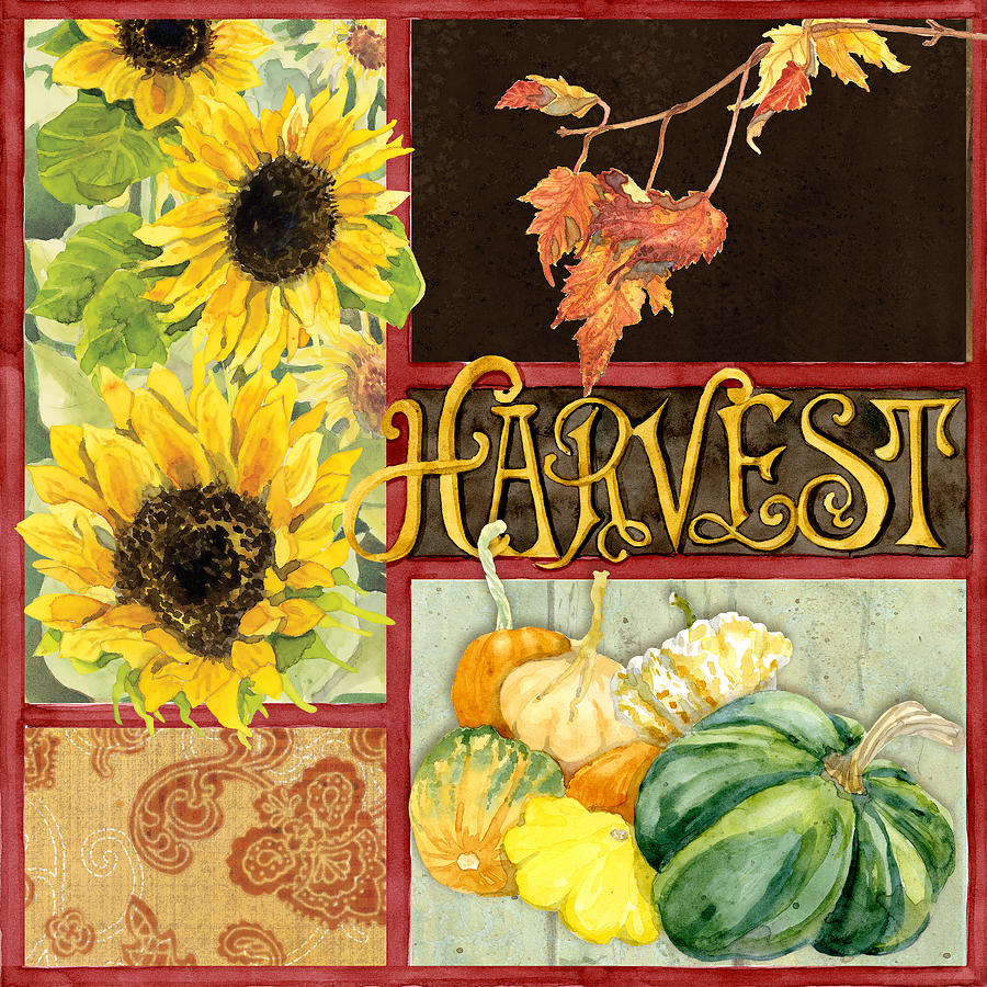 Celebrate Abundance - Harvest Fall Leaves Squash n Sunflowers w Paisleys Painting by Audrey Jeanne Roberts